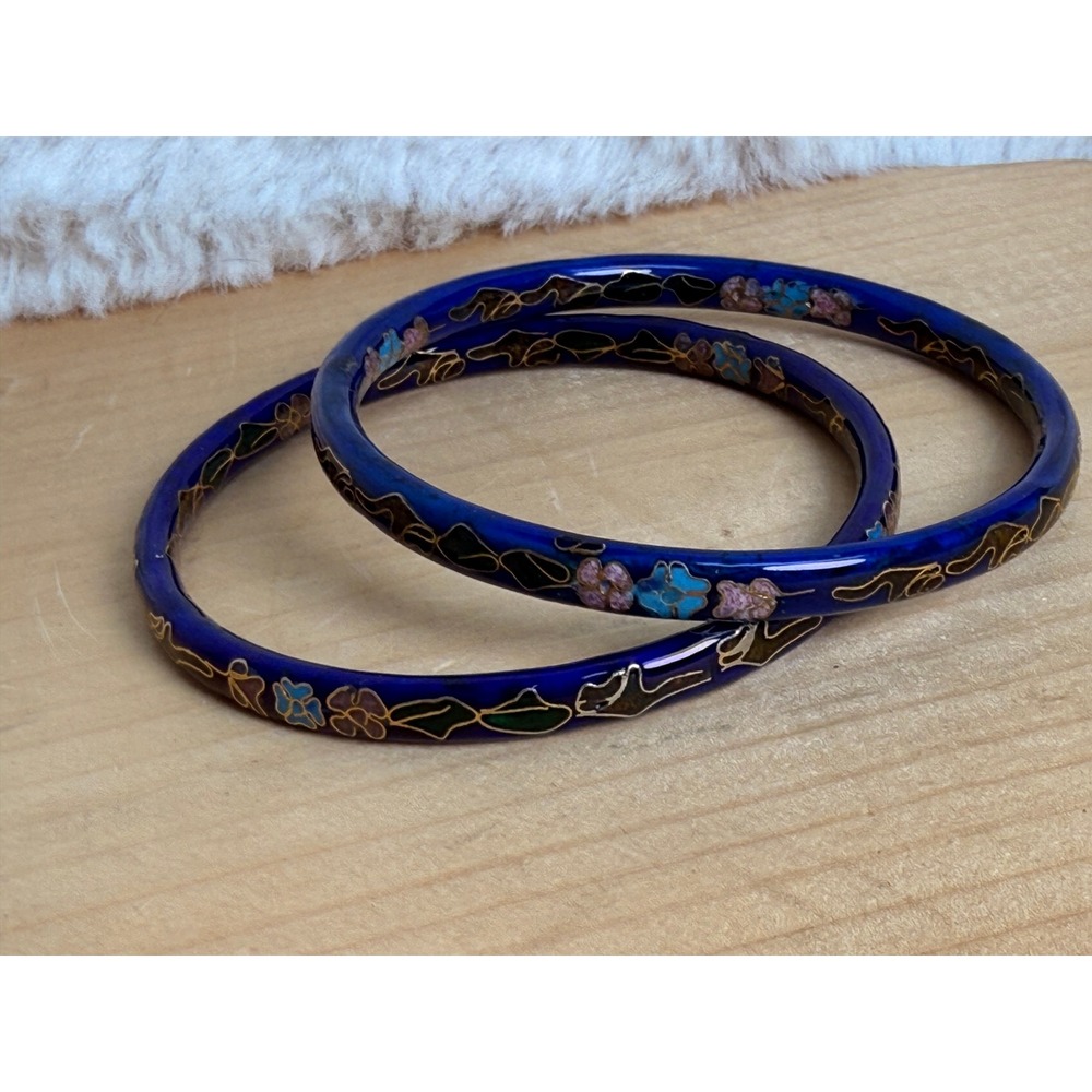 Vintage Cobalt Blue Cloisonne Floral Bangle Bracelet Set Gold Tone Enamel 2pc